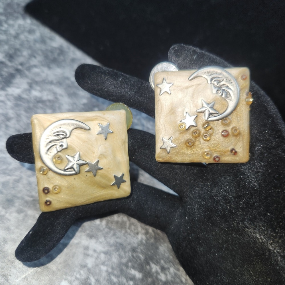 Vintage Celestial Moon and Stars Square Stud Earrings Cream‎ Gold Silver Tone